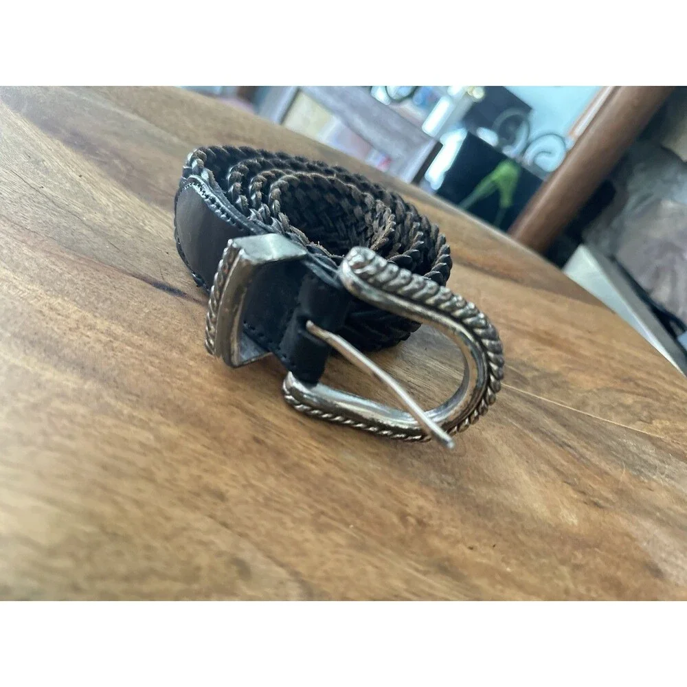 VTG Leather Shop Belt Womens L Woven Black  Covered Buckle‎ Safari Boho
